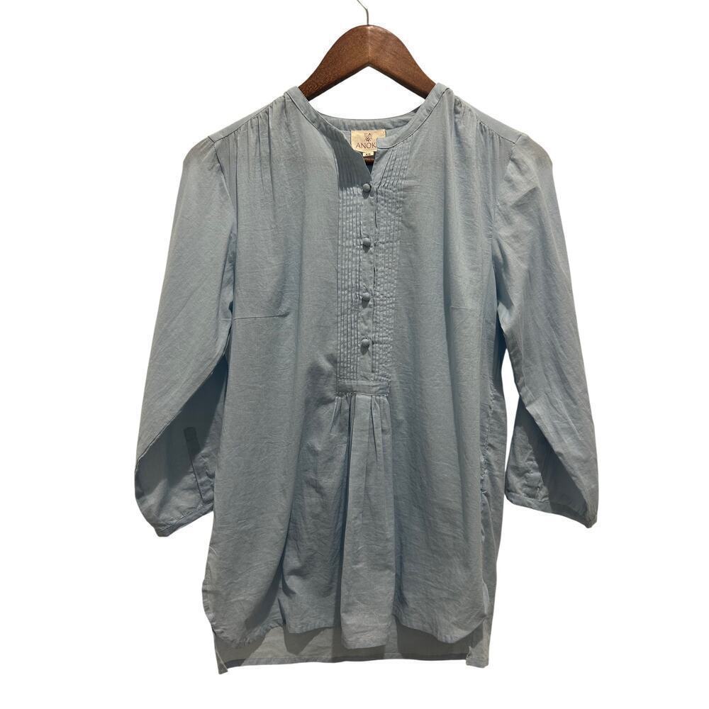 ANOKHI Cotton Pin Tuck Popover Blouse Light Blue Size XS Preppy Minimalist